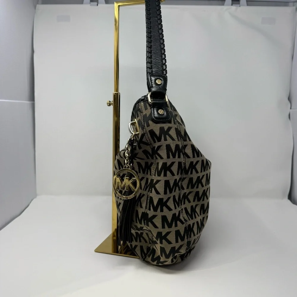Michael Kors MK Logo Jacquard Hobo Shoulder Bag Black Tan Tassel Charm